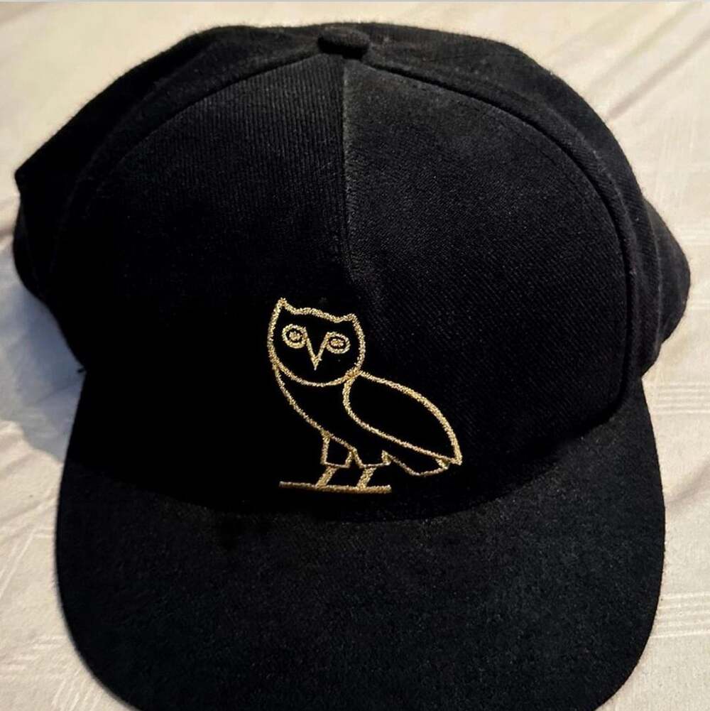 OVO Flat Brim Owl Hat Black Gold Embroidered